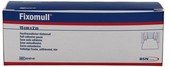 FASCIA AUTOADESIVA IPOALLERGENICA FISSAGGIO SU AMPIA SUPERFICIE FIXOMULL. SUPPORTO IN GARZA DI VISCOSA COLORE BIANCO MASSA IN POLICARBONATO SENZA RESINE E GOMME NATURALI. 15X1000CM - Farmastop