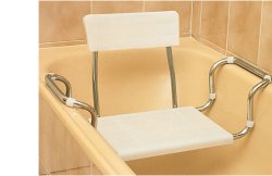 SEDILE ALLUNGABILE PER VASCA IN PLASTICA REGOLABILE CON SCHIENALE. TELAIO D'ACCIAIO CROMATO E PIANO DI SEDUTA IN MOPLEN CON 2 NERVATURE PER FISSARLO AL TELAIO.PORTATA MASSIMA 100KG - Farmastop