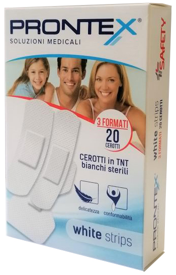 CEROTTO PRONTEX WHITE STRIPS IN TESSUTO NON TESSUTO BIANCO STERILE 3 FORMATI 20 PEZZI - Farmastop