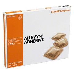 MEDICAZIONE IDROCELLULARE ADESIVA STERILE ALLEVYN ADHESIVE ALTAMENTE ASSORBENTE IN SCHIUMA DI POLIURETANO A STRUTTURA TRISTRATIFICATA 7,5X7,5CM 3 PEZZI - Farmastop