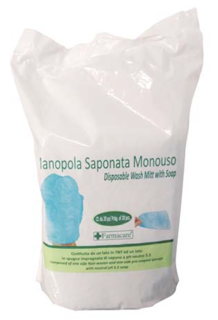 MANOPOLA MONOUSO PER LAVAGGI PARZIALI COMPOSTA DA UNA SPUGNA IN POLIESTERE SAPONATA E DA UN DRAPPO IN TESSUTO NON TESSUTO SENZA RISCIACQUO DETERGENTE A PH ISOCUTANEO - Farmastop