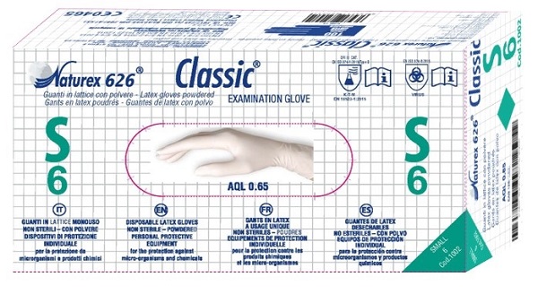 GUANTO IN LATTICE MONOUSO NON STERILE CON POLVERE NATUREX 626 CLASSIC MISURA SMALL 100 PEZZI - Farmastop