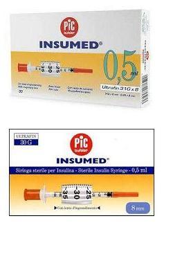 SIRINGA PER INSULINA PIC INSUMED 0,3 ML 100 UI SPAZIO ZERO AGO 30 GAUGE 8 MM 3 SACCHETTI DA 10 PEZZI - Farmastop