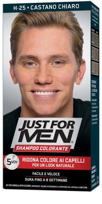 JUST FOR MEN SHAMPOO COLORANTE H25 CASTANO CHIARO ATTIVATORE CHIARO 38,5 ML + BASE COLORE 27,5 ML - Farmastop