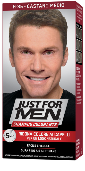 JUST FOR MEN SHAMPOO COLORANTE H35 CASTANO MEDIO ATTIVATORE CHIARO 38,5 ML + BASE COLORE 27,5 ML - Farmastop