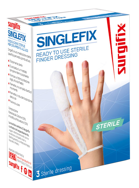 MEDICAZIONE STERILE PER DITO SINGLEFIX, COSTITUITA DA UNA GUAINA IN COTONE E DA UN'IMBOTTITURA INTERNA ASSORBENTE. SI APPLICA DIRETTAMENTE SULLA FERITA E SI FISSA AL POLSO - Farmastop