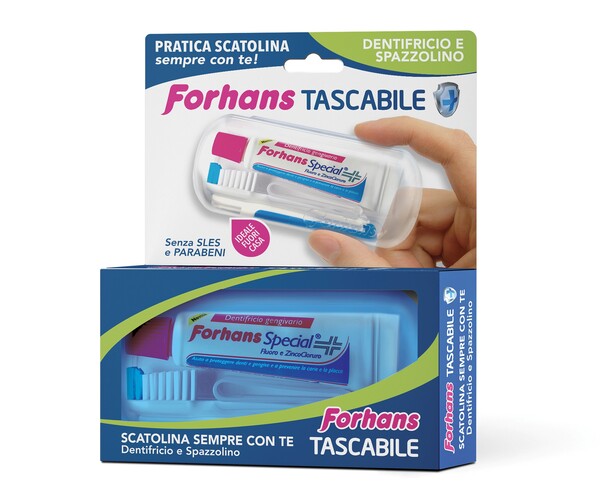FORHANS TRAVEL KIT TASCABILE COMPOSTO DA SPAZZOLINO DA VIAGGIO + FORHANS SPECIAL PASTA DENTIFRICIA TUBETTO 12,5 ML - Farmastop
