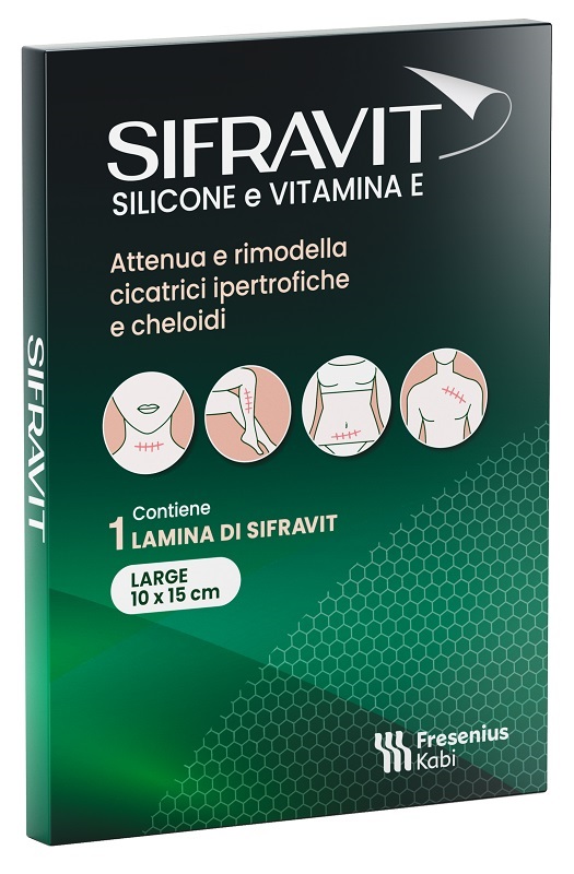 PLACCA IN SILICONE E VITAMINA E SIFRAVIT DIMENSIONI 15X10CM. INDICATA NEL TRATTAMENTO DI CHELOIDI E CICATRICI IPERTROFICHE CONSEGUENTI AD INTERVENTI C HIRURGICI, USTIONI, E FERITE - Farmastop