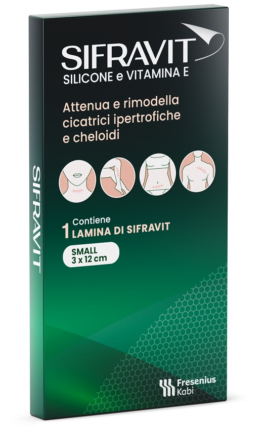 PLACCA IN SILICONE E VITAMINA E SIFRAVIT DIMENSIONI 3X12CM. INDICATA NEL TRATTAMENTO DI CHELOIDI E CICATRICI IPERTROFICHE CONSEGUENTI AD INTERVENTI CHIRURGICI USTIONI E FERITE - Farmastop