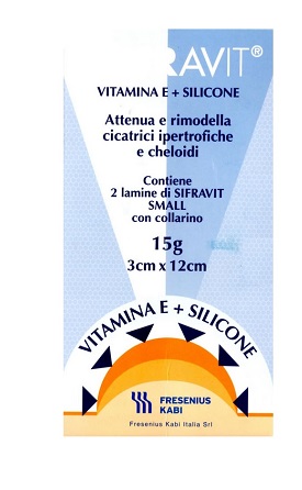 PLACCA IN SILICONE E VITAMINA E SIFRAVIT DIMENSIONI 3X12CM. INDICATA NEL TRATTAMENTO DI CHELOIDI E CICATRICI IPERTROFICHE CONSEGUENTI AD INTERVENTI C HIRURGICI, USTIONI, E FERITE - Farmastop