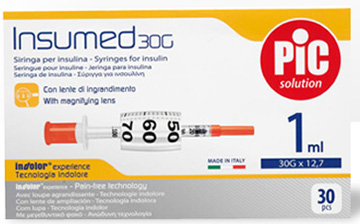 SIRINGA INSULINA PIC INSUMED 1 ML 100 UI AGO GAUGE 30 12,7 MM SENZA SPAZIO MORTO 30 PEZZI - Farmastop