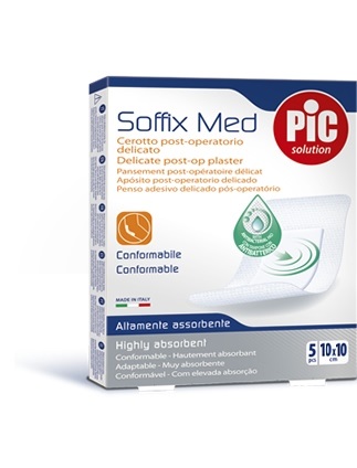 CEROTTO PIC SOFFIX MED IN TNT CON TAMPONE CENTRALE ASSORBENTE STERILE MONOUSO 10X10 CM ANTIBATTERICO 5 PEZZI - Farmastop