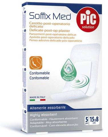 CEROTTO PIC SOFFIX MED IN TNT CON TAMPONE CENTRALE ASSORBENTE STERILE MONOUSO 15X8 CM ANTIBATTERICO 5 PEZZI - Farmastop