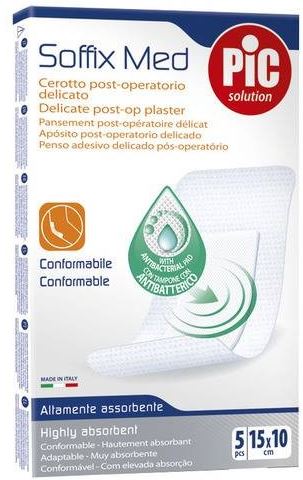 CEROTTO PIC SOFFIX MED IN TNT CON TAMPONE CENTRALE ASSORBENTE STERILE MONOUSO 10X15 CM ANTIBATTERICO 5 PEZZI - Farmastop