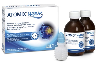 ATOMIX WAVE DISPOSITIVO PER IGIENE RINOFARINGEA ATOMIX SOLUZIONE SALINA 250 ML 2 PEZZI + TERMINALE NASALE + EROGATORE A SOFFIETTO - Farmastop
