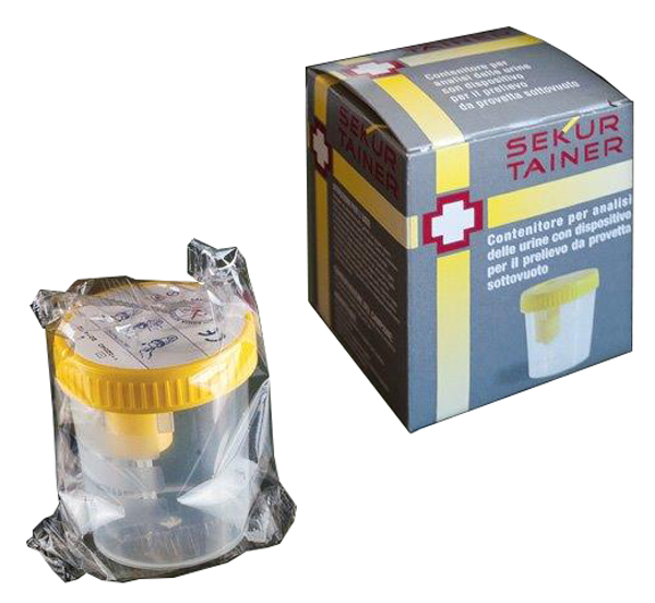 CONTENITORE PER URINA SEKUR TRAINER CON TAPPO A VITE E SONDA PER PRELIEVO DA PROVETTA SOTTOVUOTO 120ML - Farmastop