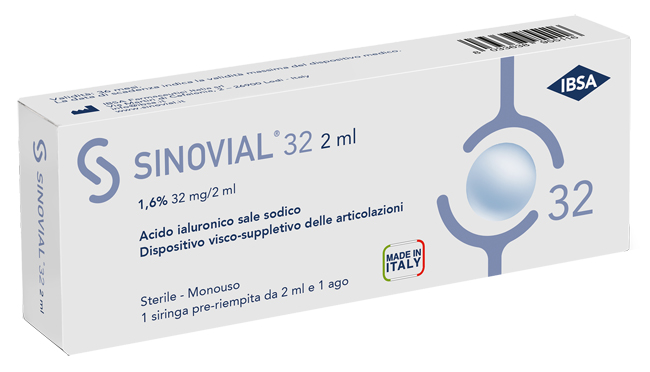 SIRINGA INTRA-ARTICOLARE SINOVIAL 32 ACIDO IALURONICO SALE SODICO 1,6% 32MG/2ML 2ML + AGO 21 GAUGE - Farmastop
