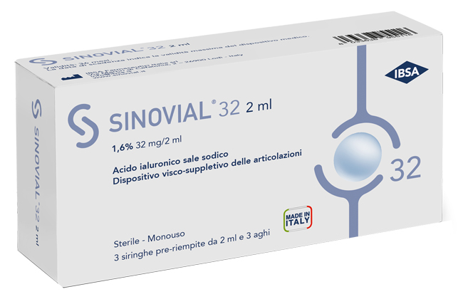SIRINGA INTRA-ARTICOLARE SINOVIAL 32 ACIDO IALURONICO SALE SODICO 1,6% 32MG/2ML 3 SIRINGHE X 2ML + 3 AGHI - Farmastop