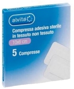 ALVITA GARZA COMPRESSA ADESIVA STERILE IN TESSUTO NON TESSUTO ESTENSIBILE BIANCO 10X6CM 5 PEZZI - Farmastop