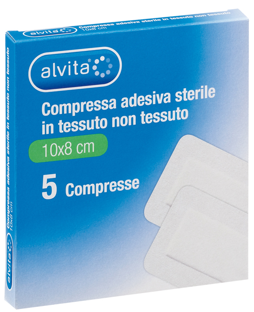 ALVITA GARZA COMPRESSA ADESIVA STERILE IN TESSUTO NON TESSUTO ESTENSIBILE BIANCO 10X8CM 5 PEZZI - Farmastop