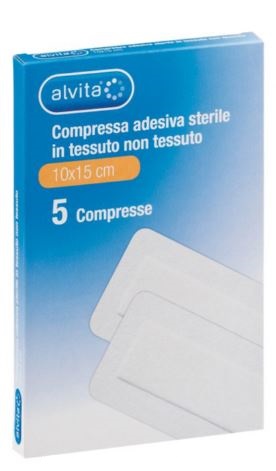ALVITA GARZA COMPRESSA ADESIVA STERILE IN TESSUTO NON TESSUTO ESTENSIBILE BIANCO 10X15CM 5 PEZZI - Farmastop