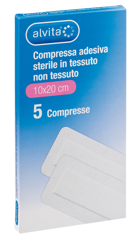 ALVITA GARZA COMPRESSA ADESIVA STERILE IN TESSUTO NON TESSUTO ESTENSIBILE BIANCO 10X20CM 5 PEZZI - Farmastop