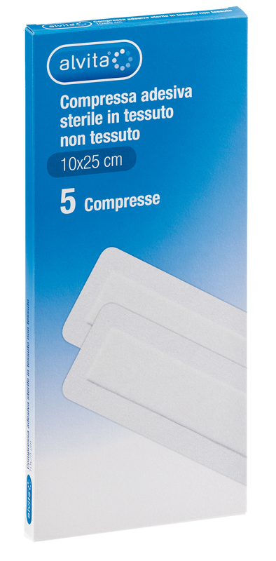 ALVITA GARZA COMPRESSA ADESIVA STERILE IN TESSUTO NON TESSUTO ESTENSIBILE BIANCO 10X25CM 5 PEZZI - Farmastop
