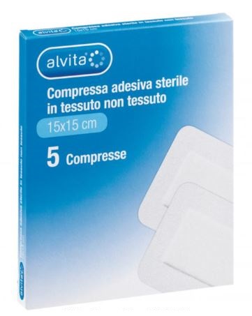 ALVITA GARZA COMPRESSA ADESIVA STERILE IN TESSUTO NON TESSUTO ESTENSIBILE BIANCO 15X15CM 5 PEZZI - Farmastop