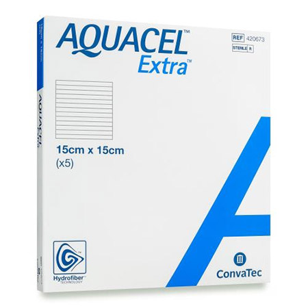 MEDICAZIONE IN HYDROFIBER STERILE COSTITUITA FIBRE IDROCOLLOIDI DI CARBOSSIMETILCELLULOSA SODICA PURA AQUACEL EXTRA 15X15 5 PEZZI - Farmastop