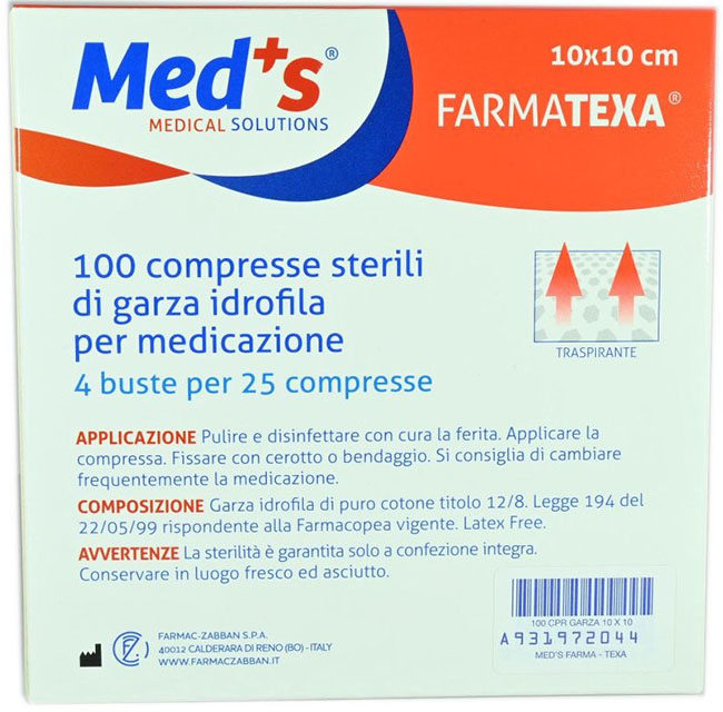 GARZA COMPRESSA MEDS FARMATEXA IDROFILA 2/8 10X10CM 100 PEZZI - Farmastop