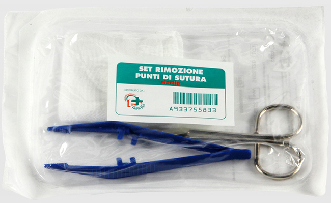 SET PER LA RIMOZIONE DEI PUNTI DI SUTURA COMPOSTO DA 1 FORBICE 1 PINZETTA 2 COMPRESSE DI GARZA DI COTONE - Farmastop