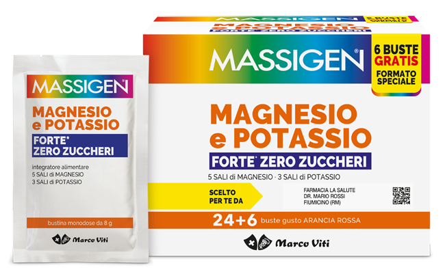 MASSIGEN MAGNESIO POTASSIO FORTE ZERO ZUCCHERO 24 BUSTINE + 6 BUSTINE - Farmastop