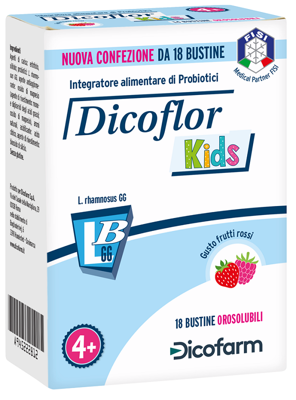 DICOFLOR KIDS 18 BUSTINE OROSOLUBILI GUSTO FRUTTI ROSSI - Farmastop