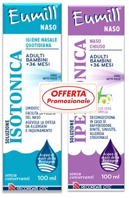 EUMILL NASO BIPACK SPRAY SOLUZIONE ISOTONICA 100 ML + SOLUZIONE IPERTONICA 100 ML - Farmastop