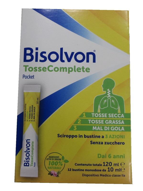 BISOLVON TOSSE COMPLETE POCKET SCIROPPO 12 BUSTINE DA 10 ML SENZA ZUCCHERO SENZA GLUTINE SENZA LATTOSIO - Farmastop