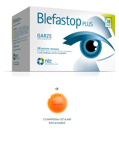 BLEFASTOP PLUS GARZA IN COTONE PIEGATA CON FILO DI BARIO 28 SALVIETTE MONOUSO + 1 COMPRESSA OCULARE RISCALDABILE - Farmastop