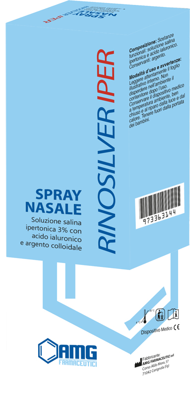RINOSILVER SOLUZIONE SALINA IPERTONICA 3% CON ACIDO IALURONICO E ARGENTO COLLOIDALE SPRAY NASALE 20 ML - Farmastop