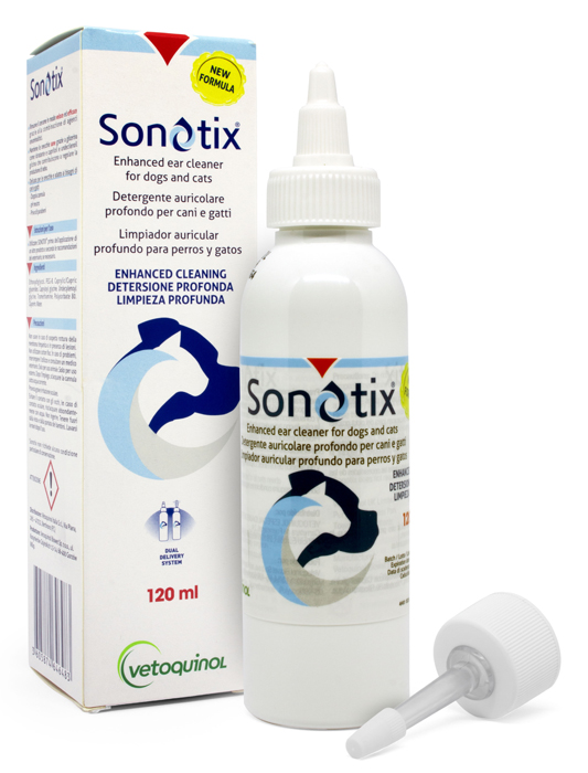 SONOTIX DETERGENTE AURICOLARE PROFONDO CANI E GATTI 120 ML + CANNULA CORTA RIGIDA + CANNULA LUNGA FLESSIBILE - Farmastop