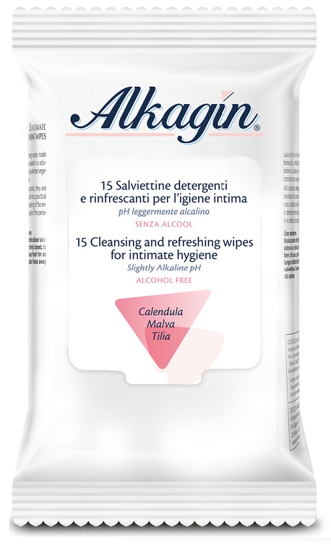 ALKAGIN SALVIETTINE DETERGENTI E RINFRESCANTI PER L'IGIENE INTIMA PH LEGGERMENTE ALCALINO SENZA ALCOOL 15 PEZZI CALENDULA MALVA E TILIA - Farmastop