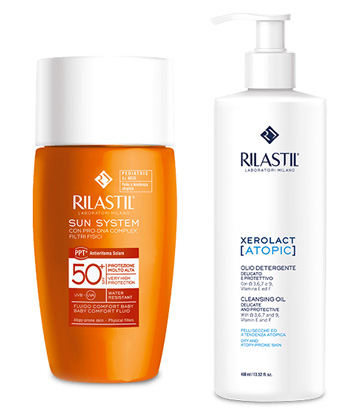 RILASTIL SUN SYSTEM FLUIDO COMFORT PEDIATRIC 50 ML + RILASTIL XEROLAC ATOPIX OLIO 50 ML - Farmastop