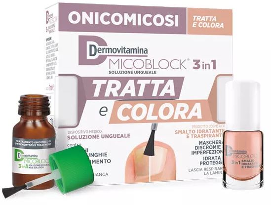 DERMOVITAMINA MICOBLOCK 3 IN 1 TRATTA E COLORA SOLUZIONE UNGUEALE 7 ML + SMALTO IDRATANTE TRASPIRANTE 5 ML - Farmastop