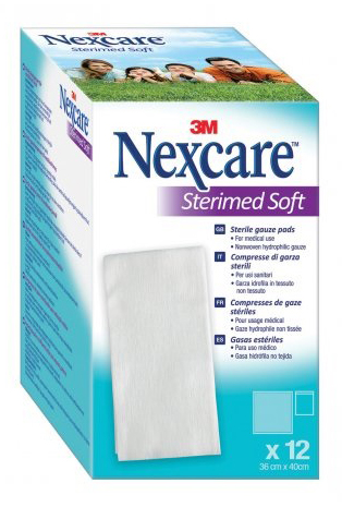 COMPRESSE DI GARZA STERILI NEXCARE STERIMED SOFT 18 X 40 CM  MULTILINGUAL 12 PEZZI - Farmastop