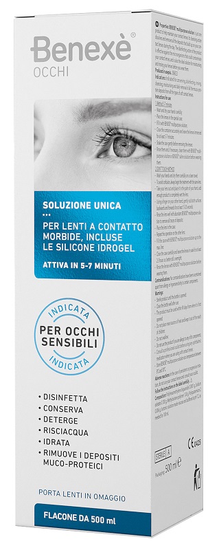 SOLUZIONE UNICA BENEXE' OCCHI PULIZIA LENTI A CONTATTO 500 ML + PORTALENTI IN OMAGGIO - Farmastop