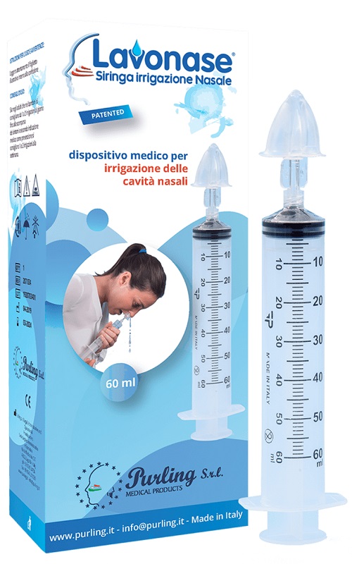 LAVONASE IRRIGAZIONE NASALE NON STERILE SIRINGA 60 ML + LUER-LOCK CON CAPPUCCIO + UGELLO NASALE CON RACCORDO LUER-LOCK + PERFORATORE CON VALVOLA NON RITORNO CON TAPPO - Farmastop
