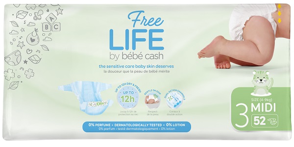 FREELIFE BY BEBECASH PANNOLINI MIDI TAGLIA 3 4-9 KG GIROVITA 35-56 CM 52 PEZZI - Farmastop