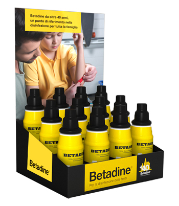 BETADINE ESPOSITORE SOLUZIONE CUTANEA 10% 12 PEZZI DA 125 ML - Farmastop