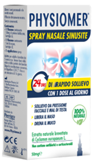 PHYSIOMER SPRAY NASALE SINUSITE 2 PEZZI 1 FLACONE DA 50 MG DI ESTRATTO DI CICLAMINO NATURALE LIOFILIZZATO + 1 FIALE DA 5 ML DI SOLVENTE - Farmastop