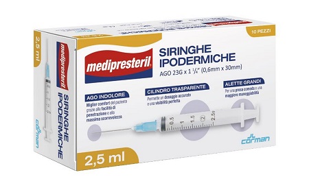 SIRINGA IPODERMICA MEDIPRESTERIL AGO 23 GAUGE 1 1/4 0,6X30MM 2,5 ML 10 PEZZI - Farmastop