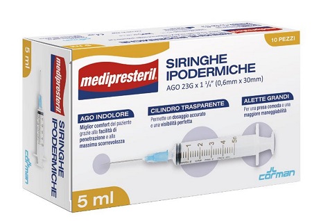SIRINGA IPODERMICA MEDIPRESTERIL AGO 23 GAUGE 1 1/4 0,5X30MM 5 ML 10 PEZZI - Farmastop