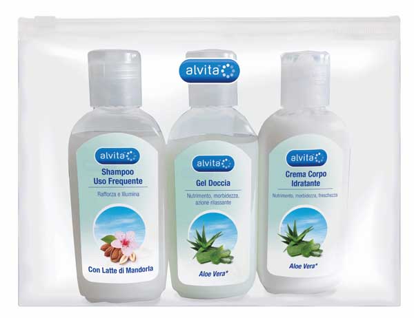 ALVITA KIT VIAGGIO BODY CARE 1 GEL DOCCIA ALOE VERA 75 ML + 1 CREMA CORPO IDRATANTE ALOE 75 ML + 1 SHAMPOO USO FREQUENTE 75 ML - Farmastop